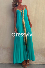 V Neck Backless Sequin Detailed Slit Maxi Cami Dress