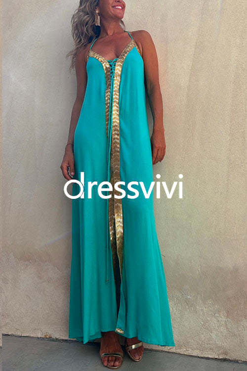 V Neck Backless Sequin Detailed Slit Maxi Cami Dress