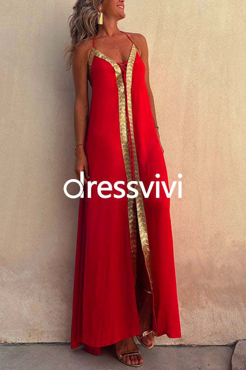 V Neck Backless Sequin Detailed Slit Maxi Cami Dress