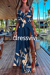 V Neck High Slit Maxi Cover Up Dress with Crop Cami Top Beach Set