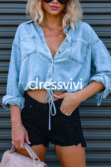 Long Sleeves Drawstring Hem Cropped Denim Shirt