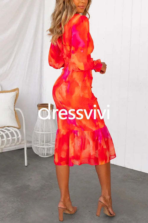 V Neck Long Sleeves Smocked Ruffle Printed Midi Bodycon Dress