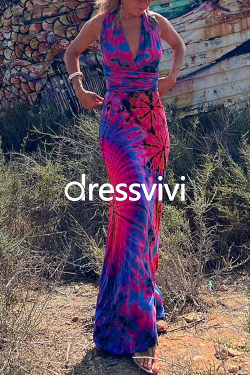 V Neck Criss Cross Backless Tie Dye Maxi A-line Dress