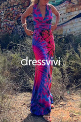 V Neck Criss Cross Backless Tie Dye Maxi A-line Dress