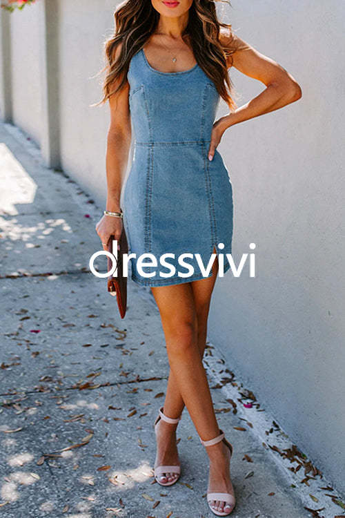 U Neck Slit Denim Bodycon Tank Dress