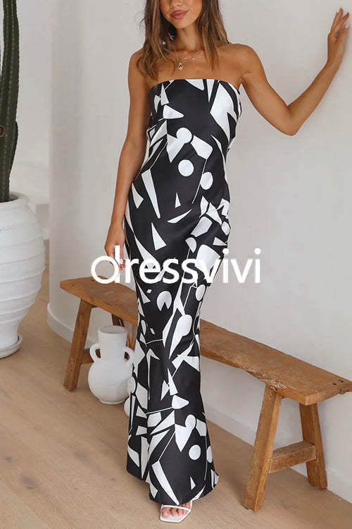 Off Shoulder Sleeveless Geometric Printed Maxi Party Dress