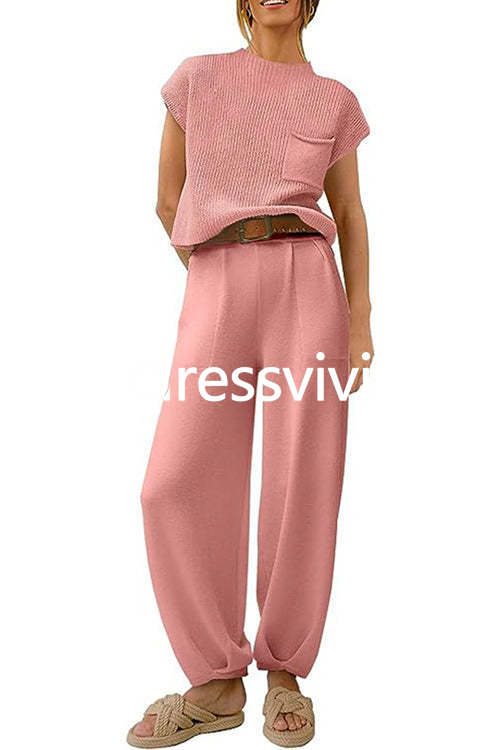 Short Sleeves Ribbed Knit Pullover Ruched Harem Pants Set