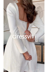 Elegant Square Collar Pearls Beaded A-line Mini Dress