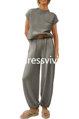 Short Sleeves Ribbed Knit Pullover Ruched Harem Pants Set