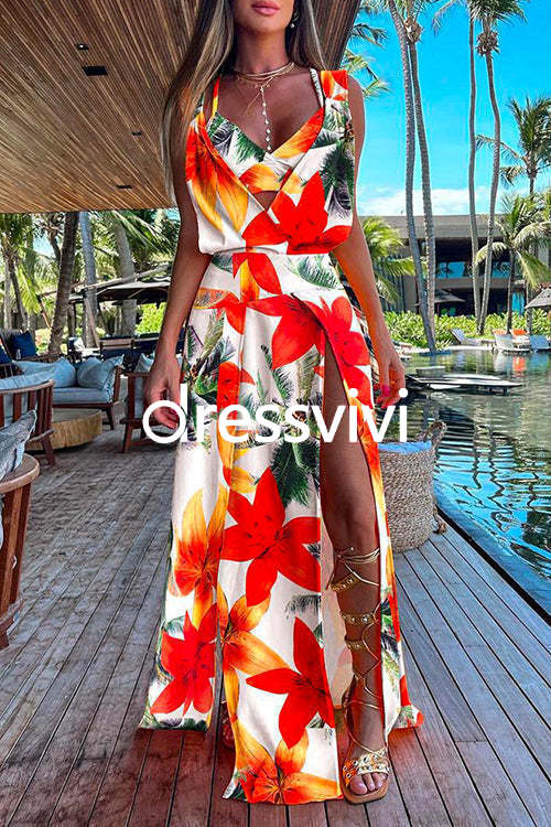 V Neck High Slit Maxi Cover Up Dress with Crop Cami Top Beach Set