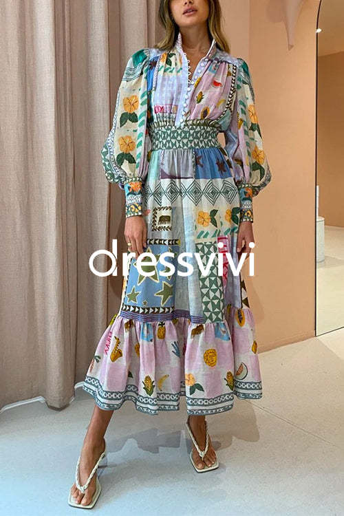 Puff Sleeves Smocked Waist Unique Printed Ruffle Maxi Dress