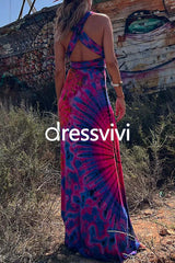 V Neck Criss Cross Backless Tie Dye Maxi A-line Dress