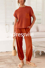 Short Sleeves Ribbed Knit Pullover Ruched Harem Pants Set