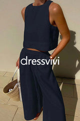 Solid Crewneck Crop Tank Top Elastic Waist Wide Leg Pants Set