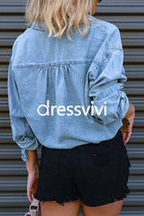 Long Sleeves Drawstring Hem Cropped Denim Shirt