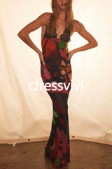 Backless V Neck Lace Splice Printed Maxi Bodycon Dress