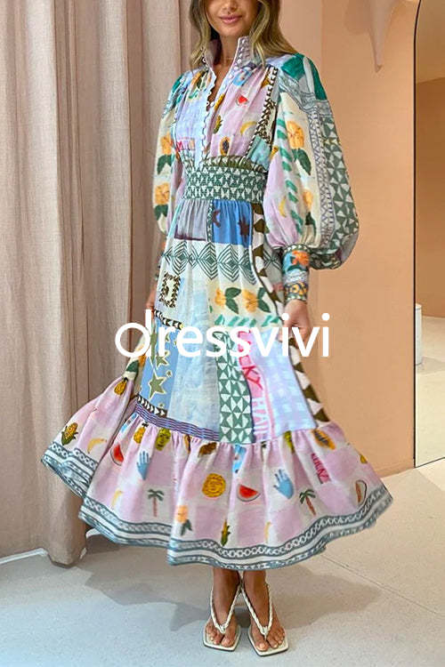 Puff Sleeves Smocked Waist Unique Printed Ruffle Maxi Dress