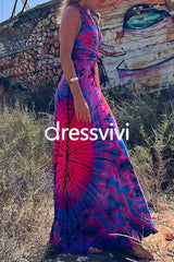 V Neck Criss Cross Backless Tie Dye Maxi A-line Dress