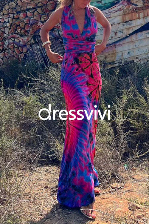 V Neck Criss Cross Backless Tie Dye Maxi A-line Dress