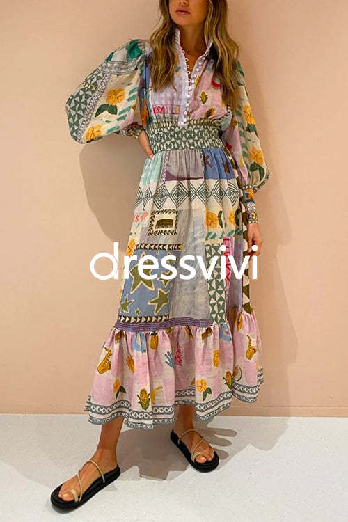 Puff Sleeves Smocked Waist Unique Printed Ruffle Maxi Dress