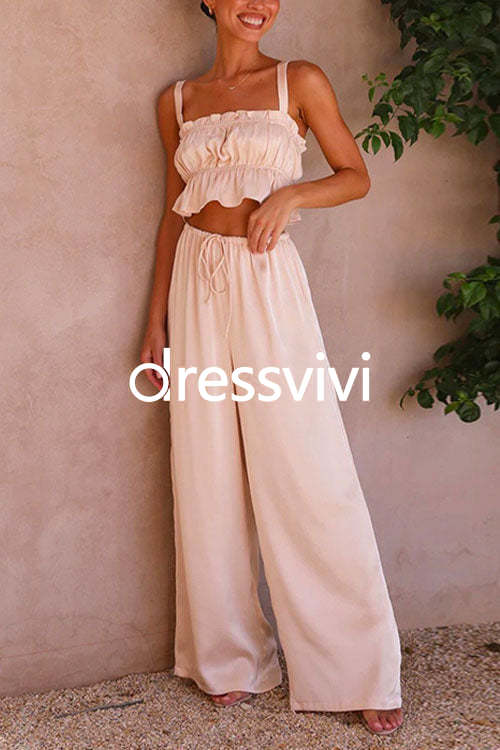 Ruffle Cami Top Drawstring Waist Wide Leg Pants Satin Set