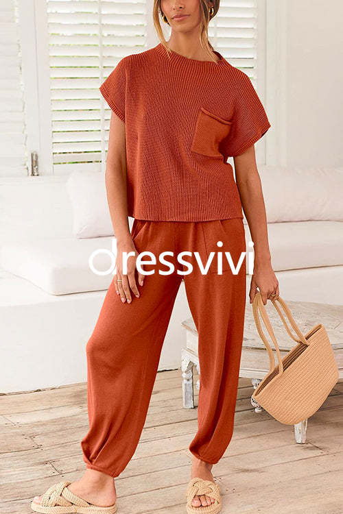 Short Sleeves Ribbed Knit Pullover Ruched Harem Pants Set