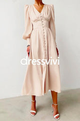 V Neck Puff Sleeve Waisted Ruffle Satin Dress