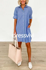 Button Down Short Sleeves Striped Shirt Dress