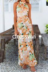 Tie Neck Backless Floral Printed Maxi Flowy Dress