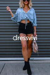 Long Sleeves Drawstring Hem Cropped Denim Shirt