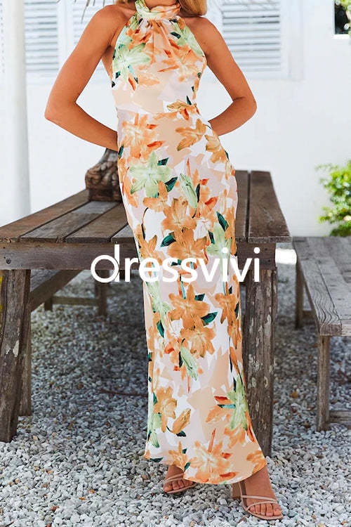 Tie Neck Backless Floral Printed Maxi Flowy Dress