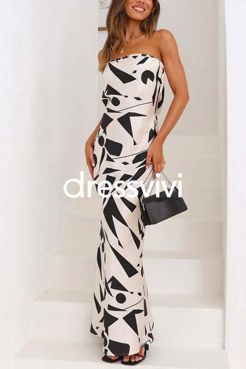 Off Shoulder Sleeveless Geometric Printed Maxi Party Dress