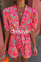 Deep V Neck Puff Sleeve Knot Waist Printed Romper