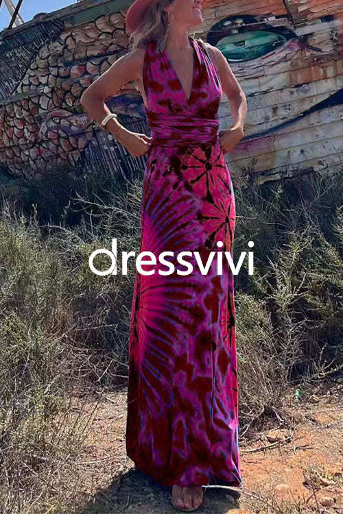 V Neck Criss Cross Backless Tie Dye Maxi A-line Dress