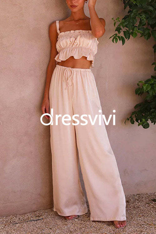 Ruffle Cami Top Drawstring Waist Wide Leg Pants Satin Set