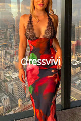 Backless V Neck Lace Splice Printed Maxi Bodycon Dress