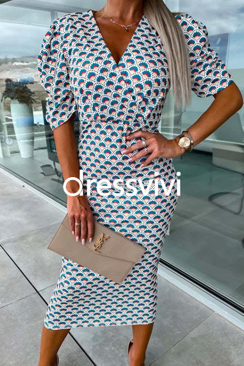 Wrap V Neck Puff Sleeves Printed Midi Bodycon Dress