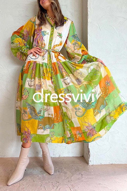 Balloon Sleeve Tie Waist Graphic Pattern Swing Shirt Dress