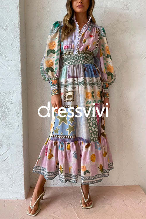 Puff Sleeves Smocked Waist Unique Printed Ruffle Maxi Dress