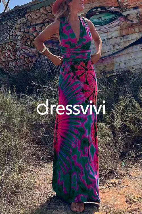 V Neck Criss Cross Backless Tie Dye Maxi A-line Dress