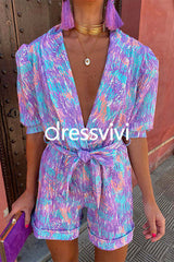 Deep V Neck Puff Sleeve Knot Waist Printed Romper