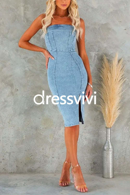 Strapless Waisted Slit Knee Length Bodycon Denim Dress