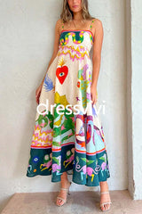 High Waist Cartoon Printed Swing Maxi Cami Dress