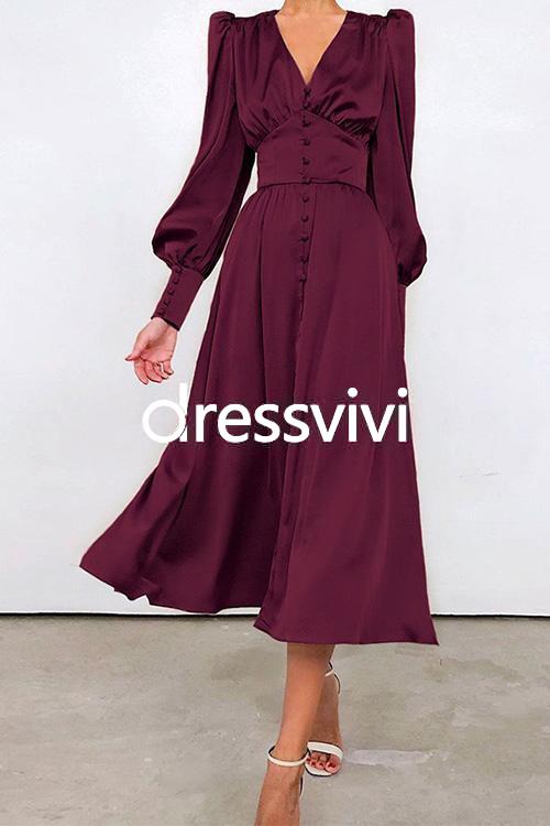 V Neck Puff Sleeve Waisted Ruffle Satin Dress