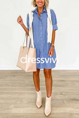 Button Down Short Sleeves Striped Shirt Dress