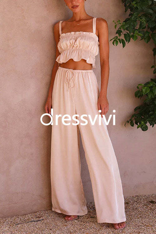 Ruffle Cami Top Drawstring Waist Wide Leg Pants Satin Set