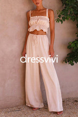 Ruffle Cami Top Drawstring Waist Wide Leg Pants Satin Set