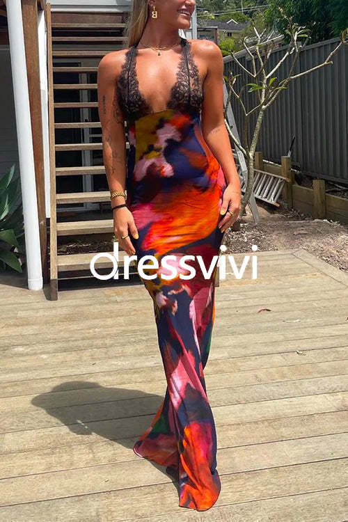 Backless V Neck Lace Splice Printed Maxi Bodycon Dress