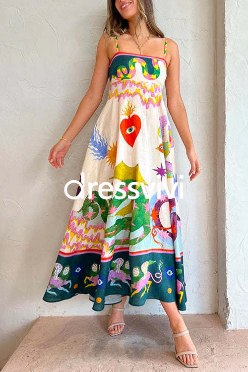 High Waist Cartoon Printed Swing Maxi Cami Dress