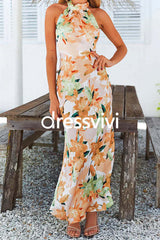 Tie Neck Backless Floral Printed Maxi Flowy Dress